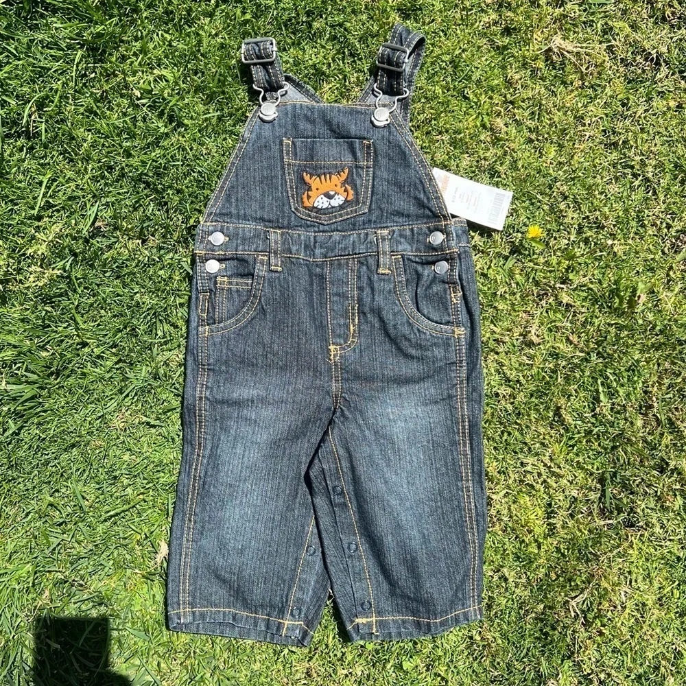 Y2K Gymboree Embroidered Tiger Overalls Dark Wash Denim 6-12 Mos NWT